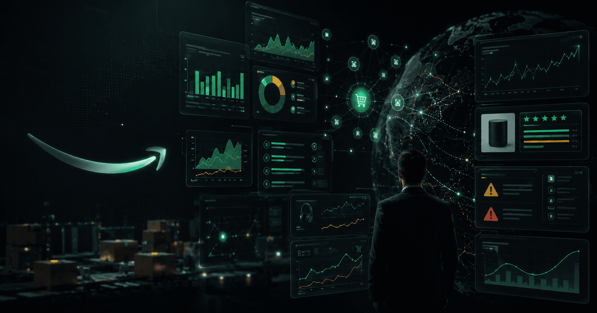 Dashboard de inteligência para sellers Amazon mostrando compliance, Buy Box, IA e competição no marketplace